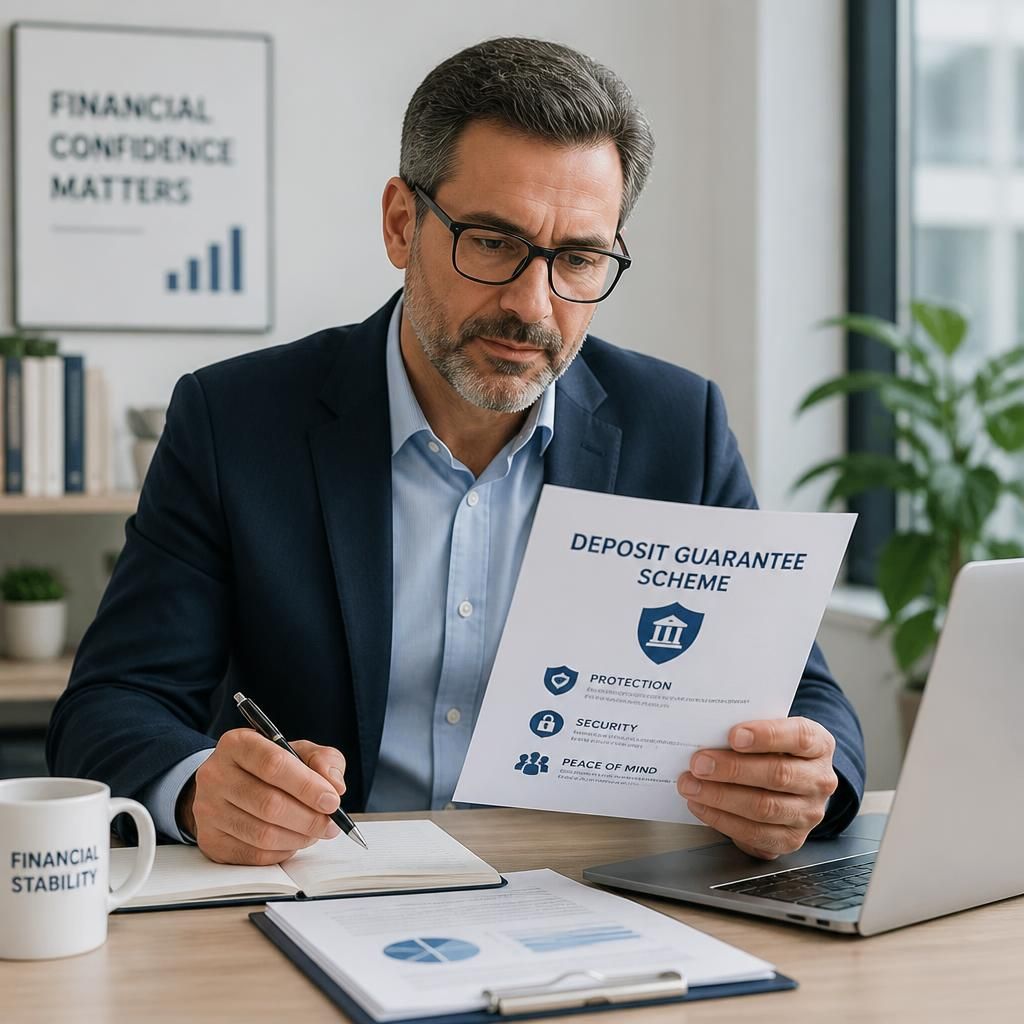 Experto financiero con gafas revisando documentación de garantía de depósitos en oficina moderna