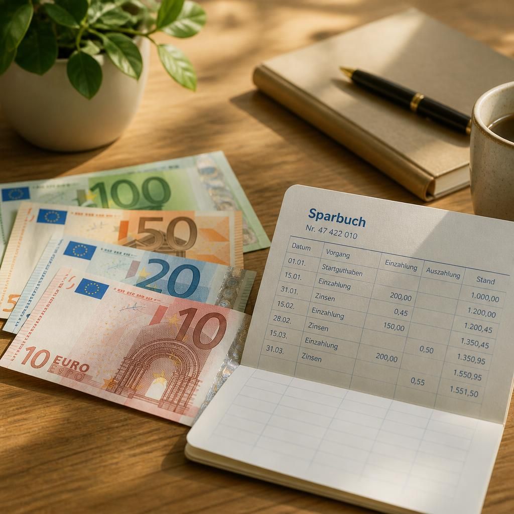 Billetes de euro y libreta de ahorro sobre mesa de madera con luz natural