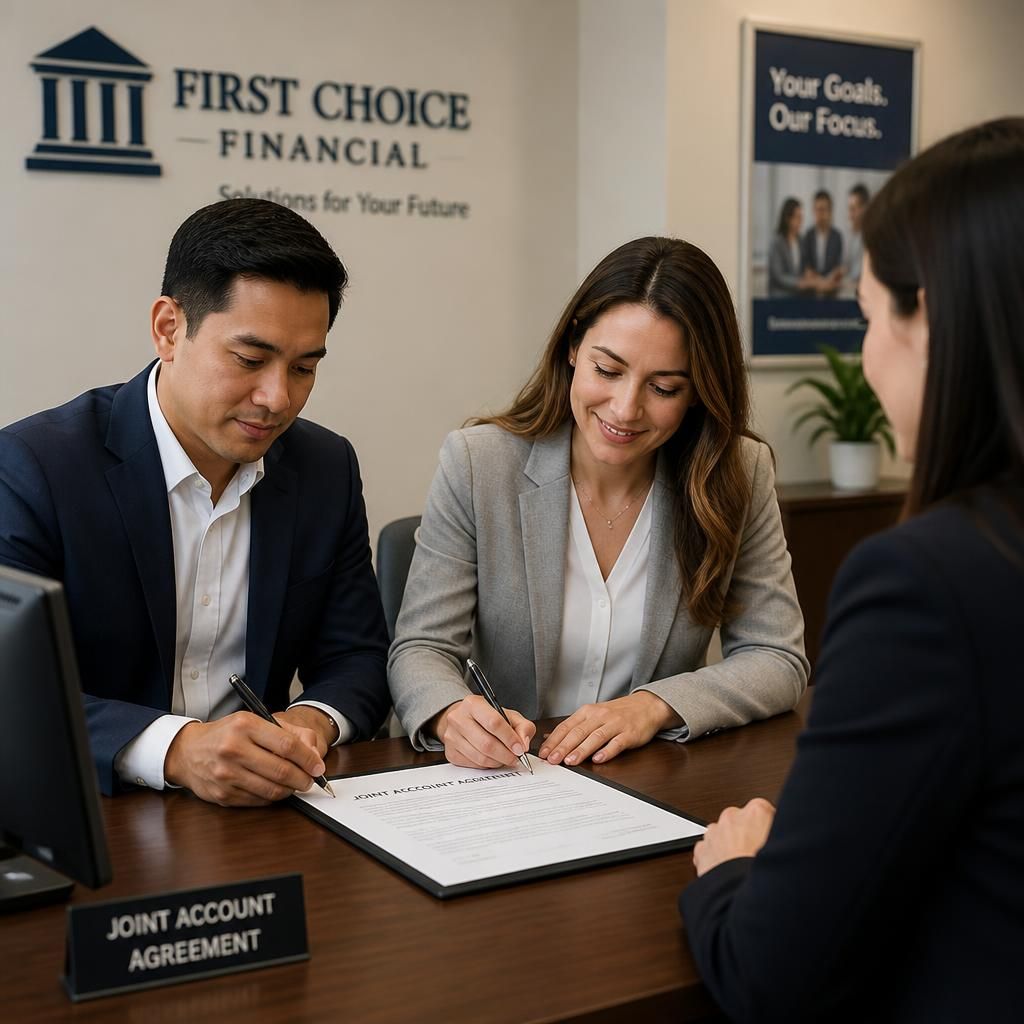 Dos cotitulares firmando acuerdo de cuenta conjunta en entidad financiera