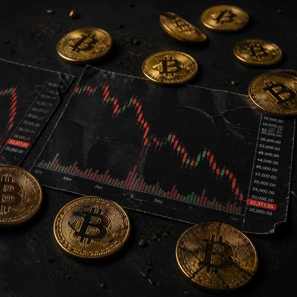 Monedas Bitcoin y gráficos bursátiles sobre superficie oscura representando inversiones sin protección del FGD