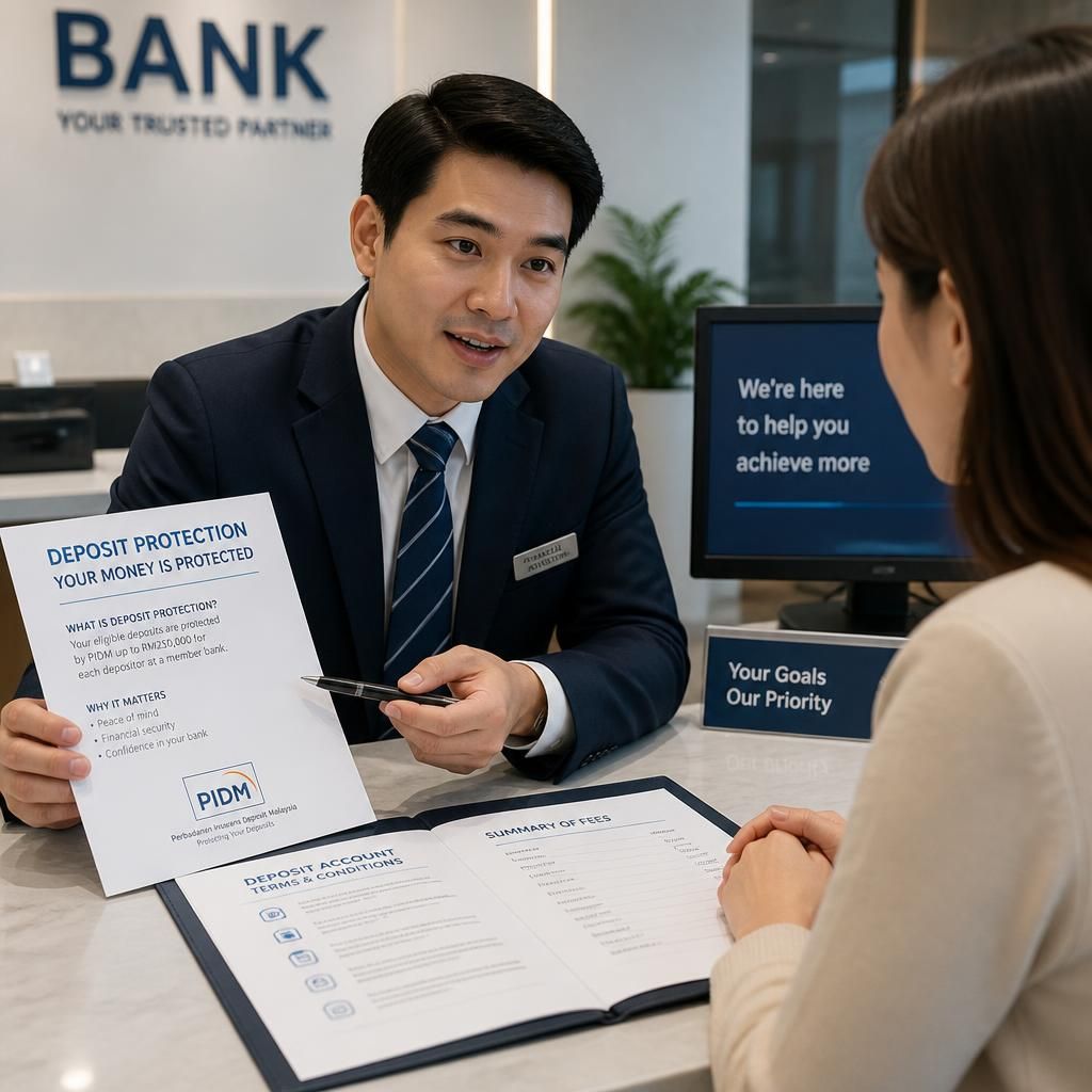 Asesor financiero explicando protección de depósitos a cliente en entidad bancaria