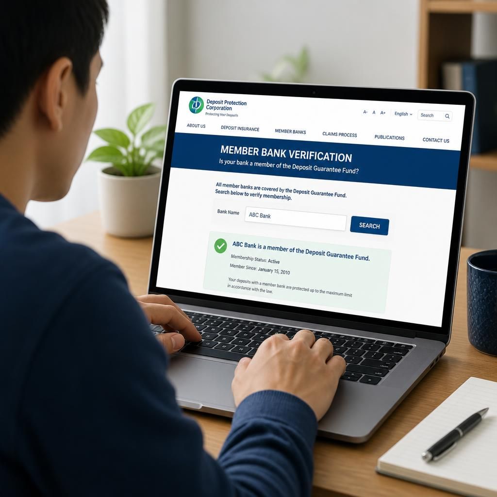 Persona verificando en portátil la adhesión de su banco al Fondo de Garantía de Depósitos