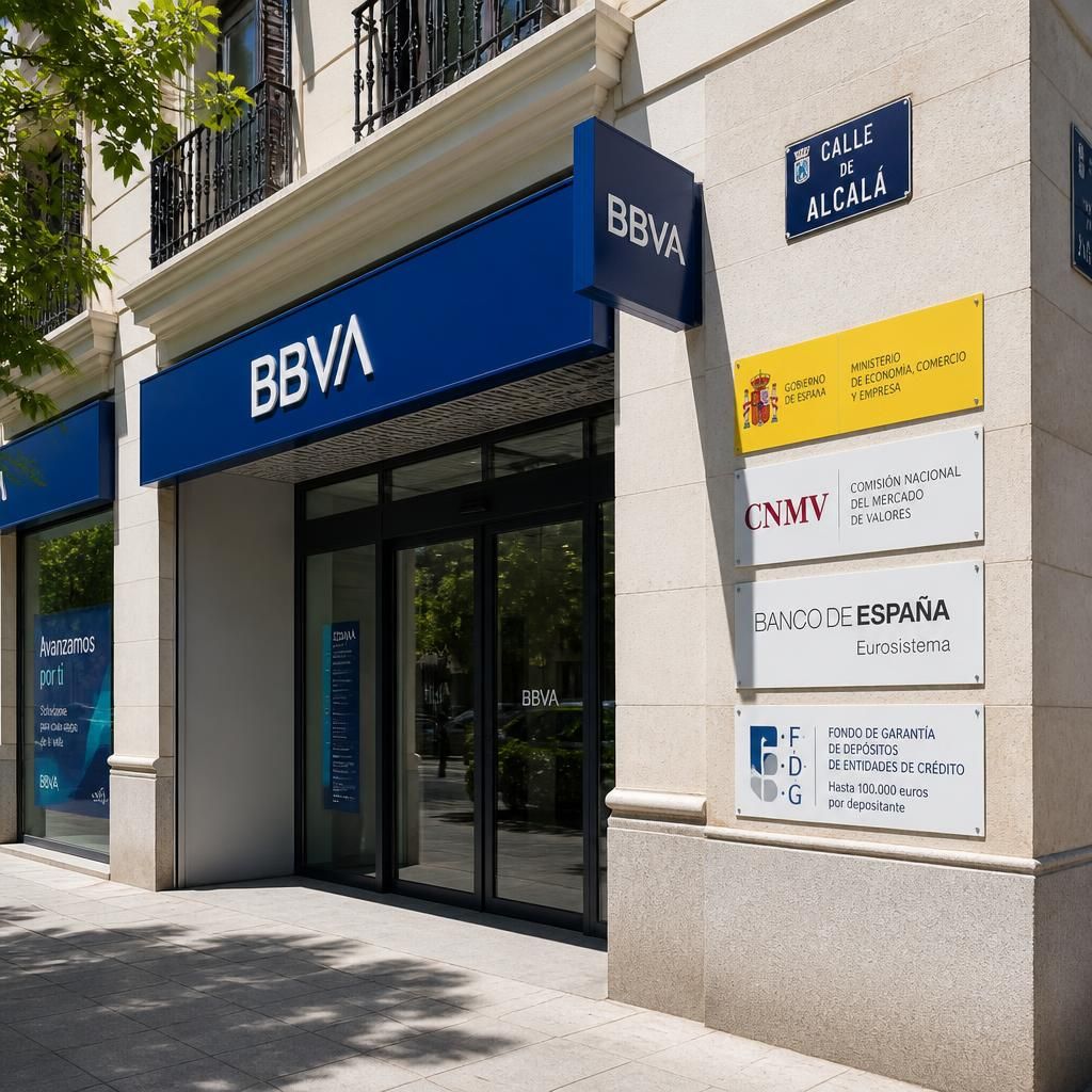 Sucursal bancaria española con señalización regulatoria oficial en día soleado